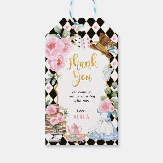 Alice in Wonderland Roze Bloemen Verjaardag Tea Pa Cadeaulabel (Voorkant)
