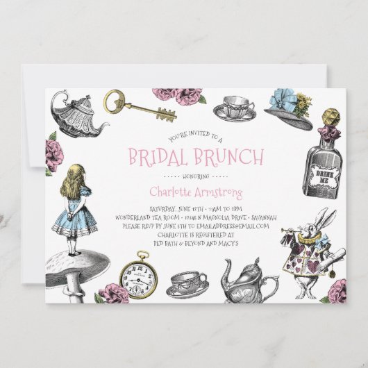 Alice in Wonderland Roze Bruids Brunch Kaart (Voorkant)