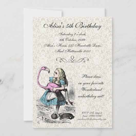 Alice in Wonderland Roze Flamingo Birthday Party Kaart (Achterkant)