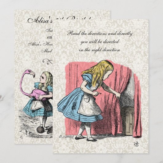 Alice in Wonderland Roze Flamingo Birthday Party Kaart (Voorkant / Achterkant)