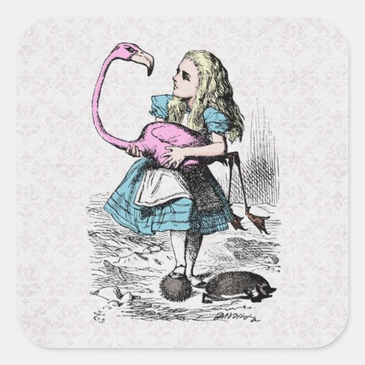 Alice in Wonderland Roze Flamingo Croquet Vierkante Sticker (Voorkant)