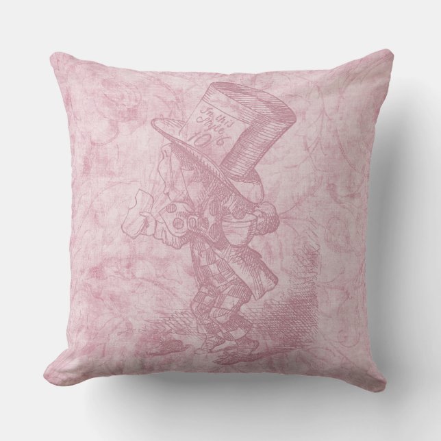 Alice in Wonderland Roze Floral Art Mad Hatter Kussen (Voorkant)
