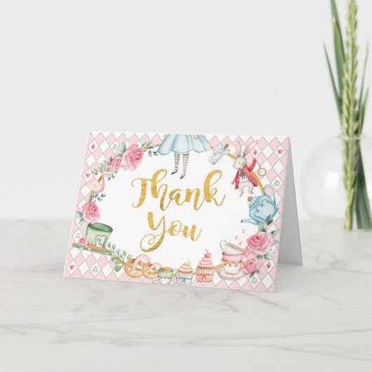 Alice in Wonderland Roze Gouden Verjaardag Tea Par Bedankkaart (Voorkant)