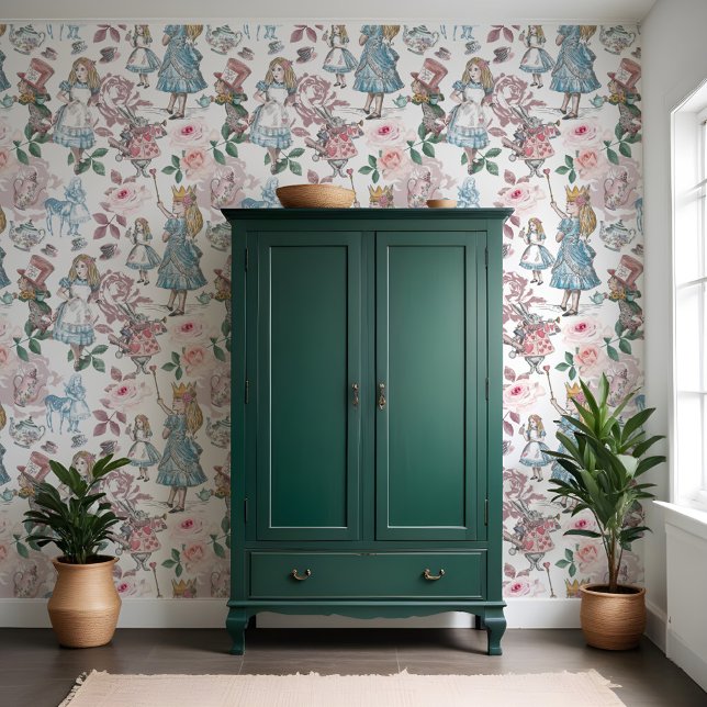  Alice in Wonderland Roze ontkoppeling Behang (Vintage Alice In Wonderland Pink Roses Decoupage Wallpaper)