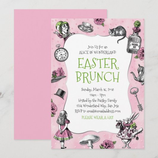 Alice in Wonderland Roze Pasen 2 Kaart (Voorkant / Achterkant)