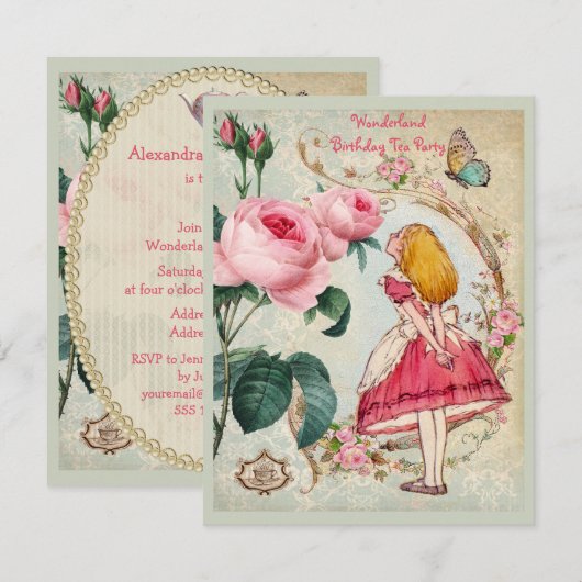 Alice in Wonderland Rozen Collage Birthday Party Kaart (Voorkant / Achterkant)