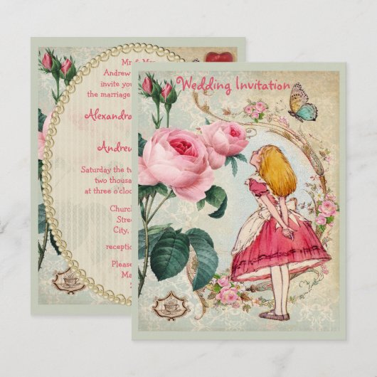 Alice in Wonderland Rozen Collage Wedding Invites Kaart (Voorkant / Achterkant)