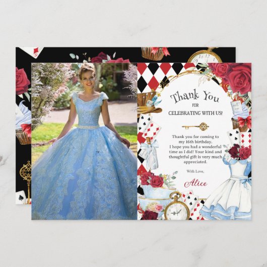 Alice in Wonderland Rozen Verjaardags Theepartij F Bedankkaart (Voorkant / Achterkant)