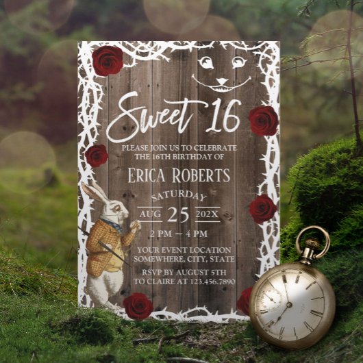 Alice in Wonderland Rustic Barn Wood Sweet 16 Kaart