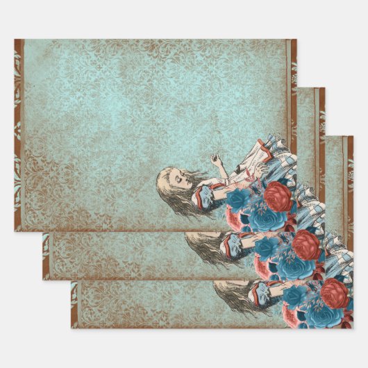 Alice in Wonderland Rusty Turquoise Floral Craft Inpakpapier Vel (Set)