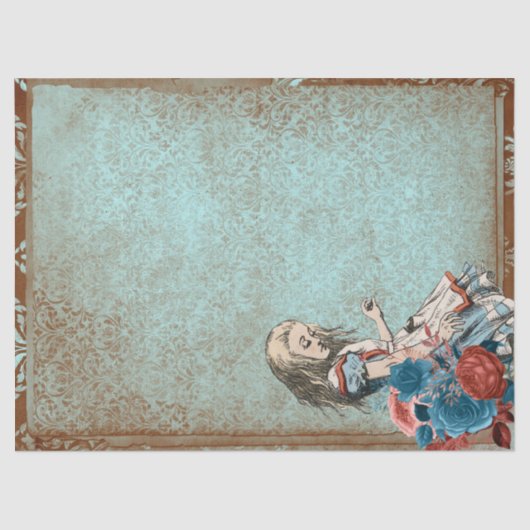 Alice in Wonderland Rusty Turquoise Floral Craft Tissuepapier (Voorkant)