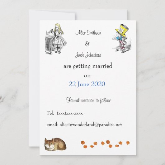 Alice in Wonderland Save the Date Invitation Kaart (Achterkant)