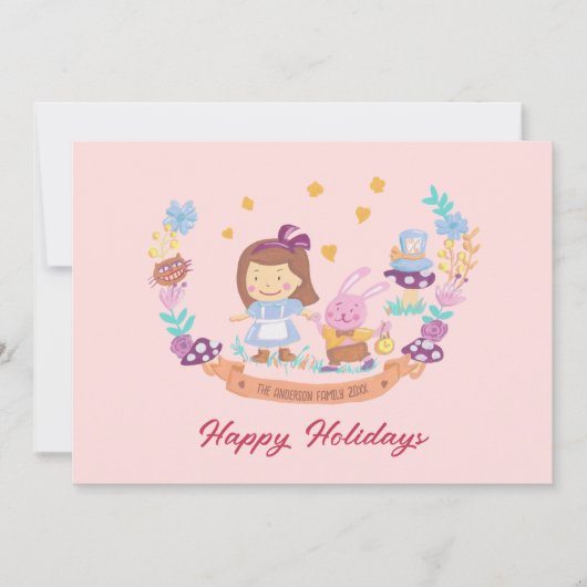 Alice in Wonderland schattige waterverf roze foto Feestdagenkaart (Voorkant)