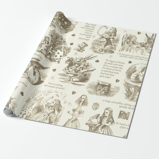 Alice in Wonderland Sepia Beige Toile Quotes Cadeaupapier (Uitgerold)