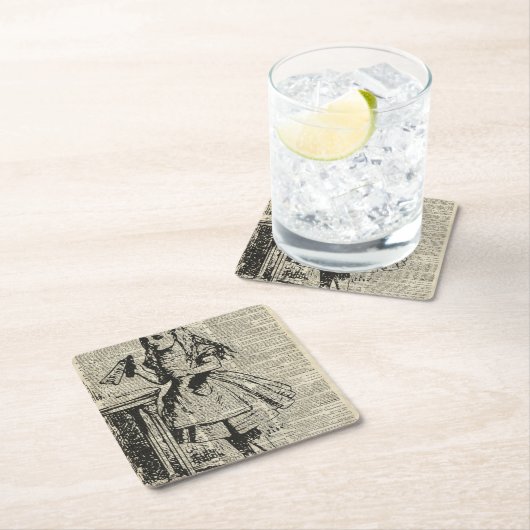 Alice in Wonderland  Stencil op Oude Pagina Kartonnen Onderzetters (Insitu)