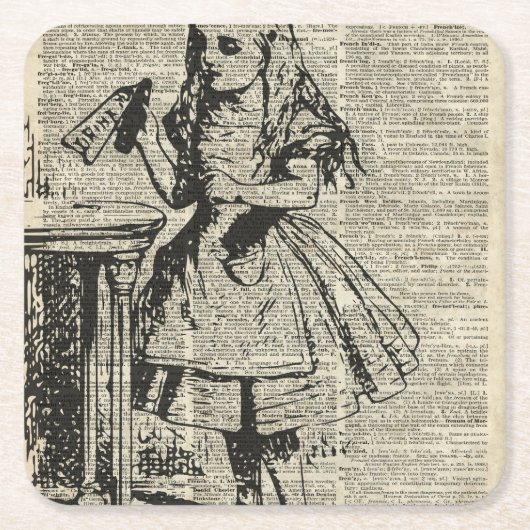 Alice in Wonderland Stencil op Oude Pagina Kartonnen Onderzetters (Voorkant)