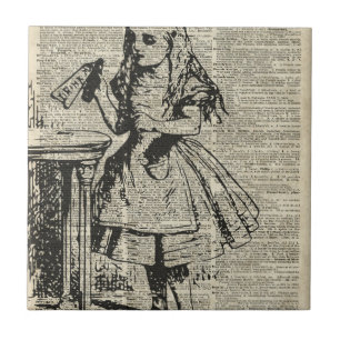 Alice in Wonderland  Stencil op Oude Pagina Tegeltje