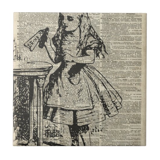 Alice in Wonderland  Stencil op Oude Pagina Tegeltje (Voorkant)