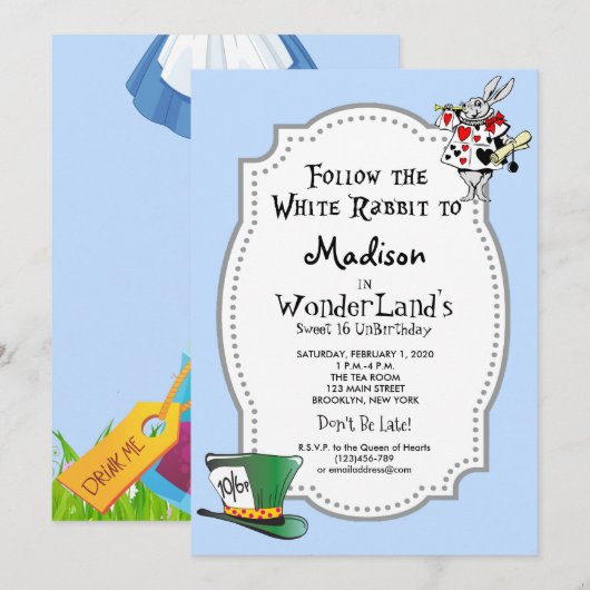 Alice in Wonderland Sweet 16 Birthday Invitation Kaart (Voorkant / Achterkant)