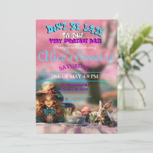 Alice in Wonderland Sweet 16 Uitnodiging (Staand voorkant)