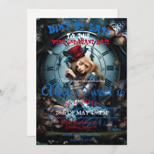 Alice in Wonderland Sweet 16 Uitnodiging (Voorkant / Achterkant)