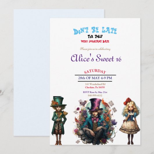 Alice in Wonderland Sweet 16 uitnodigingen (Voorkant / Achterkant)