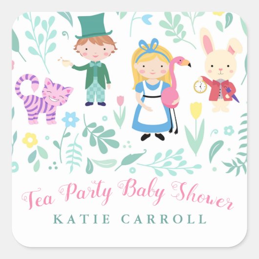 Alice in Wonderland Tea Party Baby shower Vierkante Sticker (Voorkant)