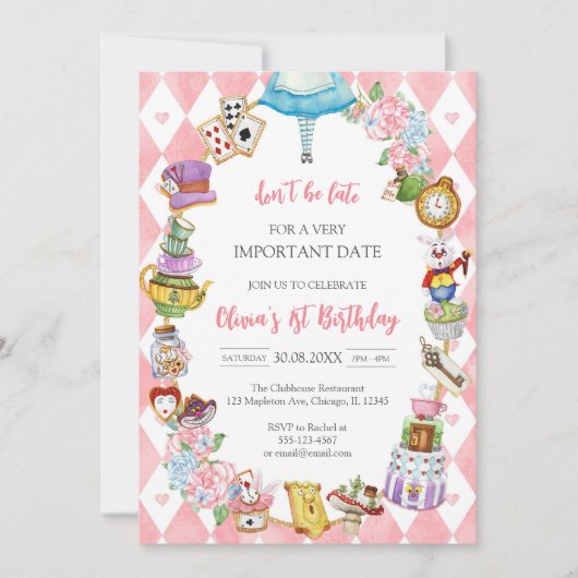 Alice in Wonderland Tea Party Birthday Invitation Kaart (Voorkant)