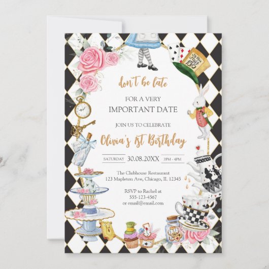 Alice in Wonderland Tea Party Birthday Invitation Kaart (Voorkant)