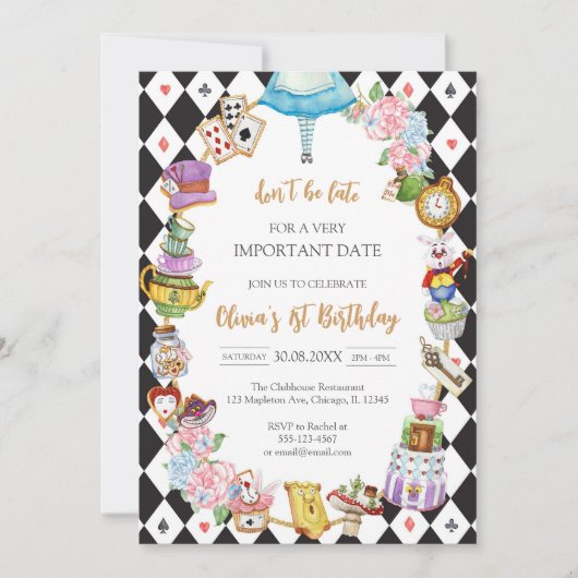Alice in Wonderland Tea Party Birthday Invitation Kaart (Voorkant)