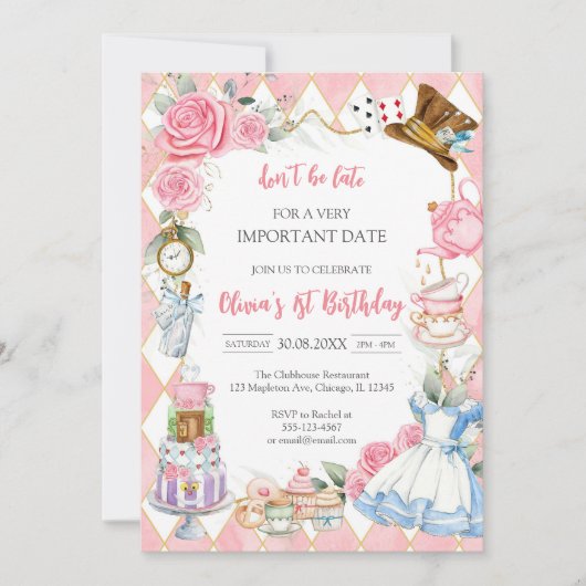 Alice in Wonderland Tea Party Birthday Invitation Kaart (Voorkant)