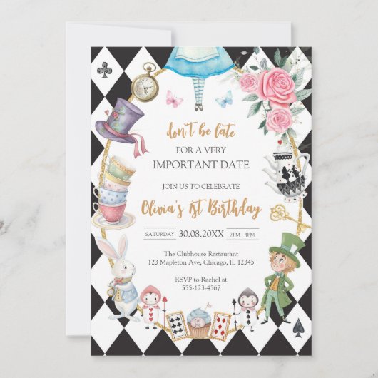 Alice in Wonderland Tea Party Birthday Invitation Kaart (Voorkant)