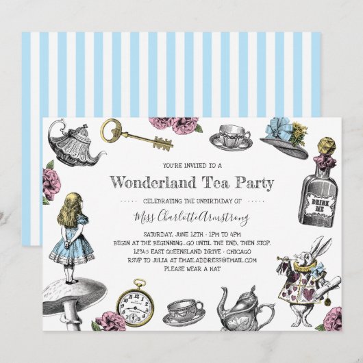 Alice in Wonderland Tea Party Blauwe Strepen Kaart (Voorkant / Achterkant)