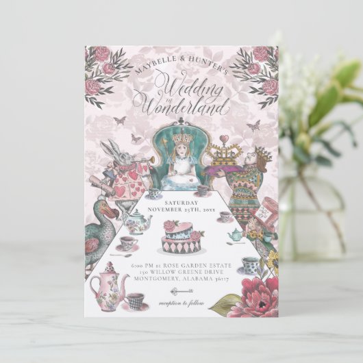 Alice in Wonderland Tea Party Fairytale Wedding Kaart (Staand voorkant)
