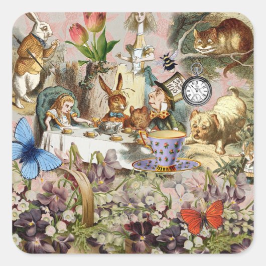Alice in Wonderland Tea Party Kunst Vierkante Sticker (Voorkant)