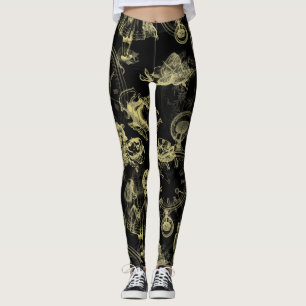 Alice in Wonderland Tea Time Black Gold Leggings