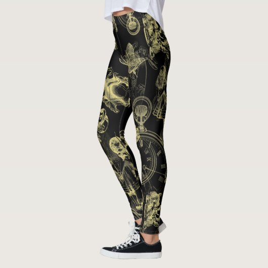 Alice in Wonderland Tea Time Black Gold Leggings (Links)