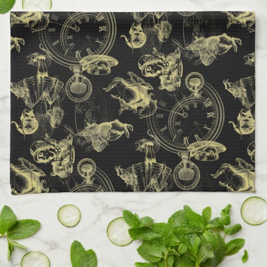 Alice in Wonderland Tea Time Black Gold Towel Theedoek (Gevouwen)