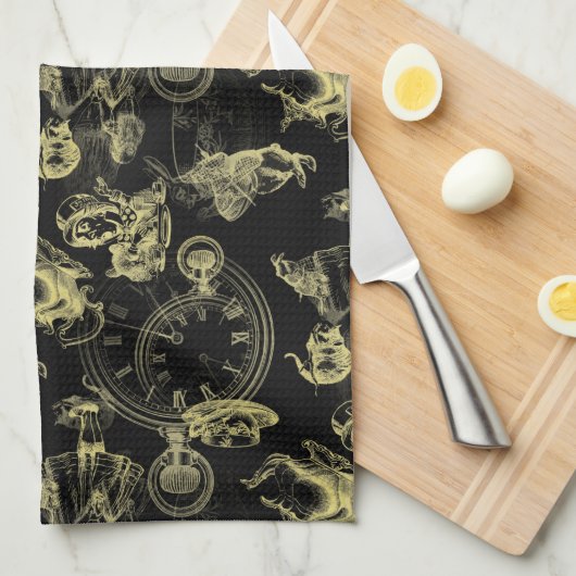 Alice in Wonderland Tea Time Black Gold Towel Theedoek (Quarter Fold)