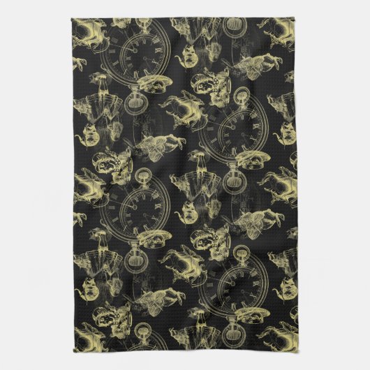 Alice in Wonderland Tea Time Black Gold Towel Theedoek (Verticaal)