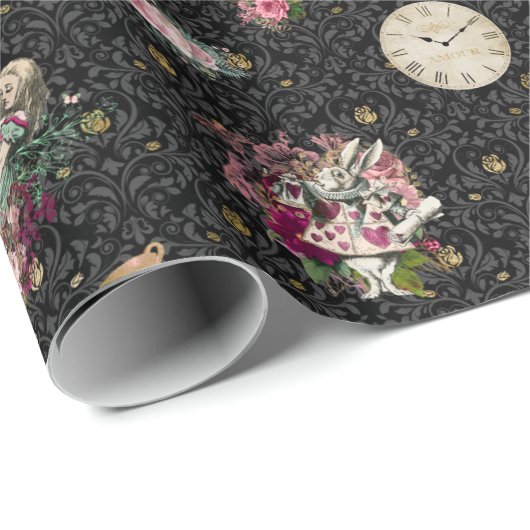 Alice in Wonderland tekenaars op zwart en goud Cadeaupapier (Rol Hoek)