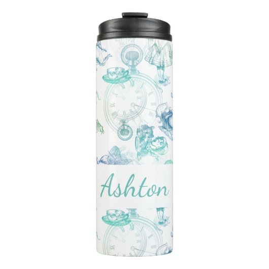 Alice in Wonderland Thee Blauw Aqua Naam Tumbler Thermosbeker (Voorkant)
