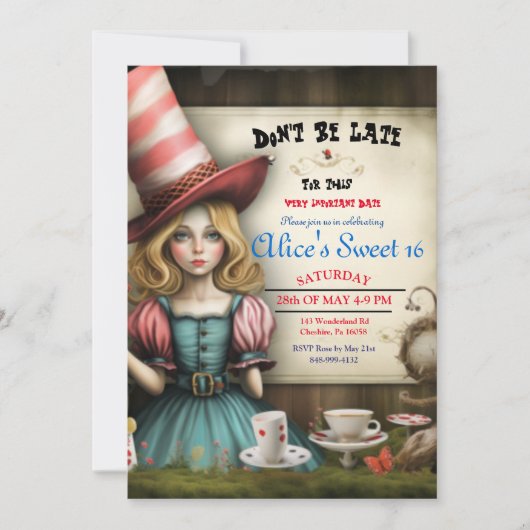 Alice In Wonderland Thee Feest Sweet 16 Uitnodigin Kaart (Voorkant)