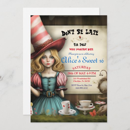 Alice In Wonderland Thee Feest Sweet 16 Uitnodigin Kaart (Voorkant / Achterkant)
