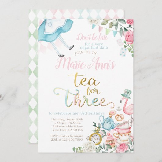 Alice in Wonderland, thee voor drie 3e verjaardag Kaart (Voorkant / Achterkant)