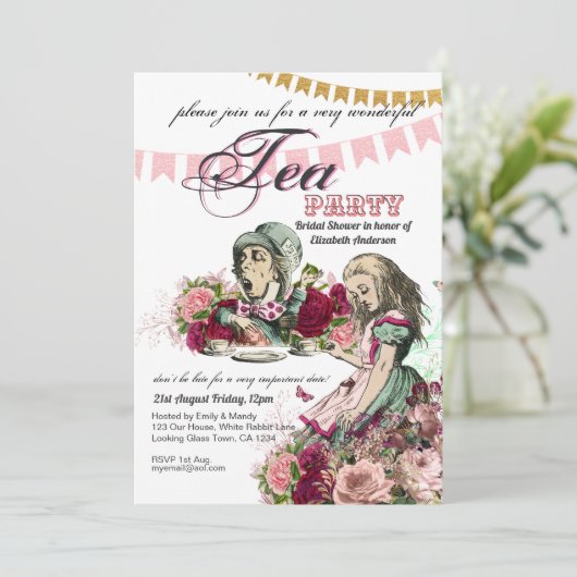 Alice In Wonderland Theepartij Uitnodiging ELKE GE (Staand voorkant)