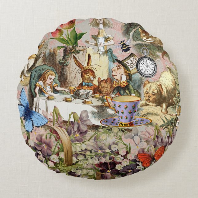 Alice in Wonderland-theepersonages Rond Kussen (Voorkant)