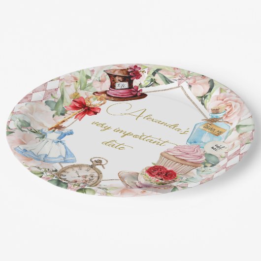 Alice In Wonderland Thema Bloemen Roze Persoonlijk Papieren Bordje (Gekanteld)