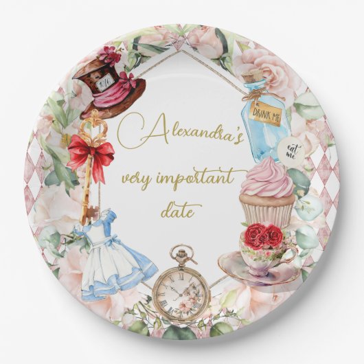 Alice In Wonderland Thema Bloemen Roze Persoonlijk Papieren Bordje (Voorkant)