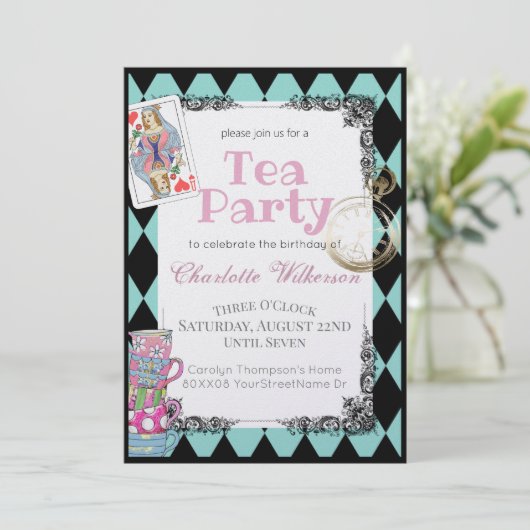 Alice in Wonderland thema thee party in turkoois Kaart (Staand voorkant)
